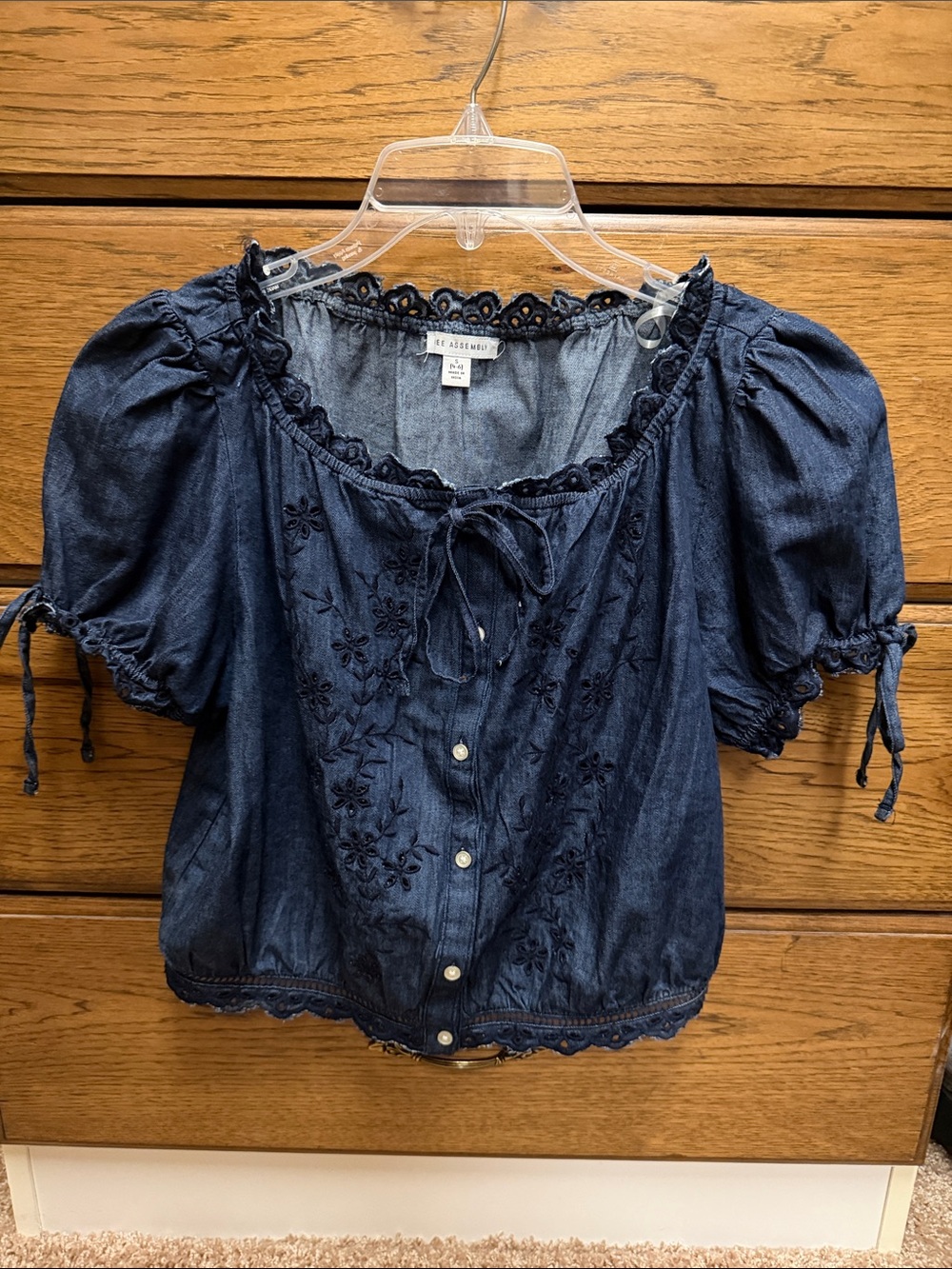 Denim Embroidered Peasant Blouse - Navy